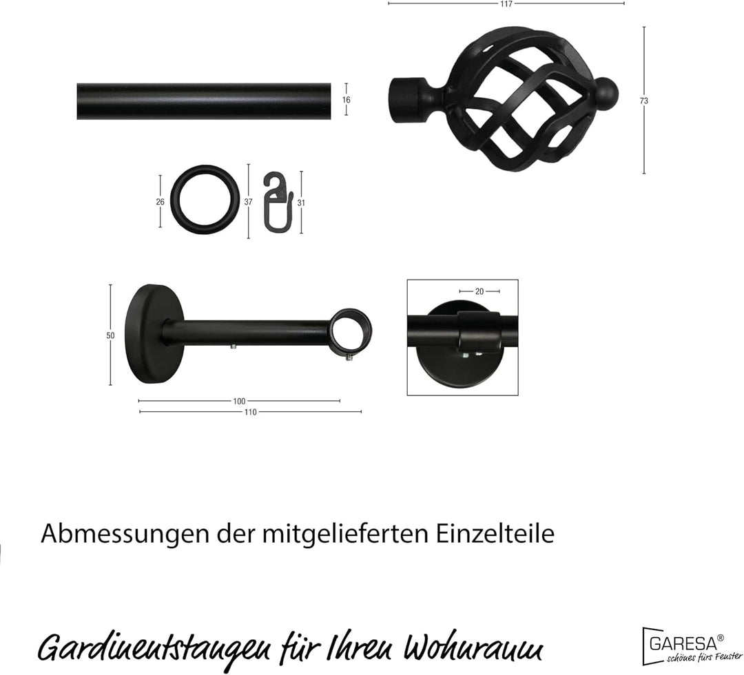Garesa Gardinenstange Rustika Ø 16mm, 1-läufig, Schwarz I Rustikale Vorhangstange aus Metall inkl. R
