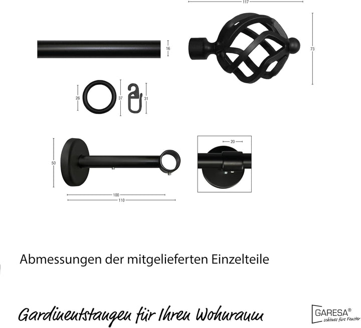 Garesa Gardinenstange Rustika Ø 16mm, 1-läufig, Schwarz I Rustikale Vorhangstange aus Metall inkl. R