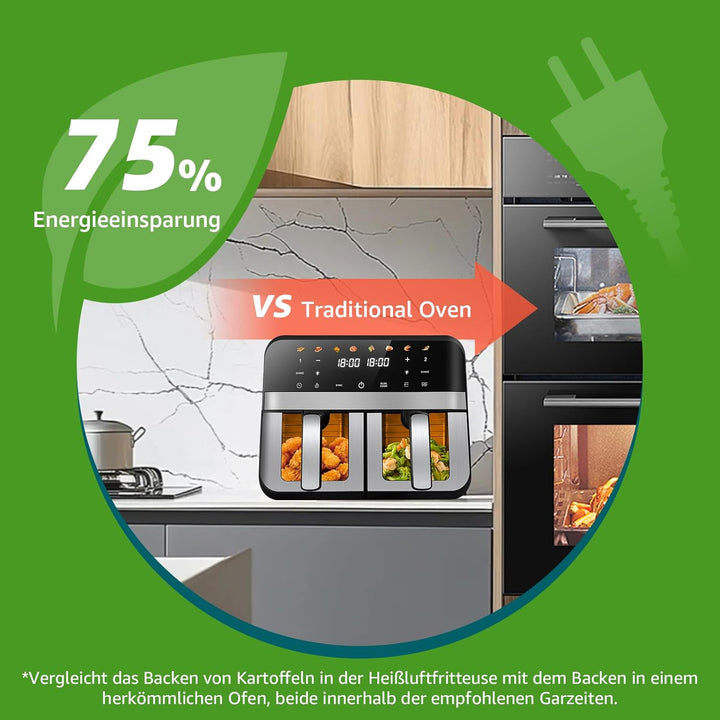 Heissluftfritteuse mit Sichtfenster | 9 Liter | Heissluftfritteuse mit 2 Körben | 8-in-1 Digitale Ai