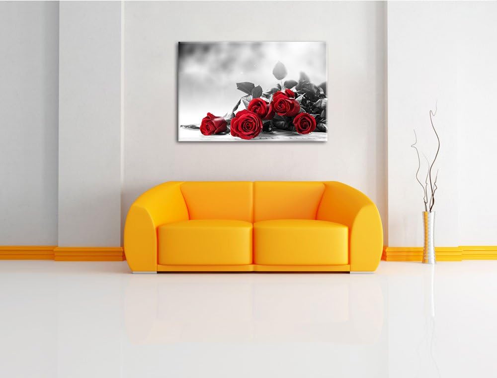 schöner Rosenstrauss auf Tisch schwarz/weiss Format: 100x70 auf Leinwand, XXL riesige Bilder fertig