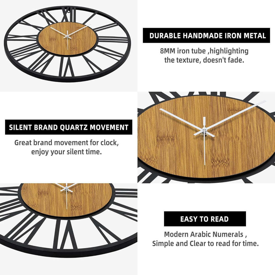 50 cm runde Holz-Wanduhr schwarz für Wohnzimmer-Dekoration, Vintage-Stil, römische Ziffern, geräusch