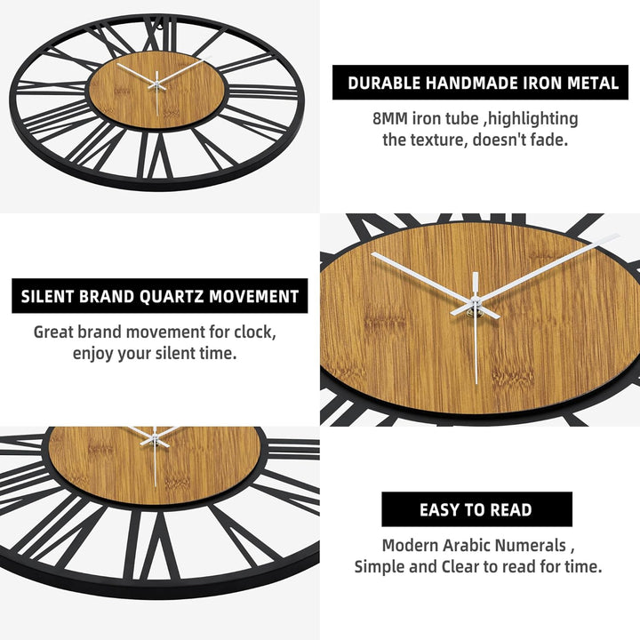 50 cm runde Holz-Wanduhr schwarz für Wohnzimmer-Dekoration, Vintage-Stil, römische Ziffern, geräusch