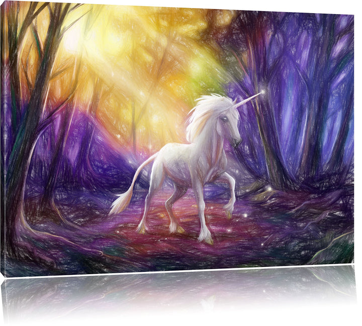 Pixxprint Einhorn im Märchenwald als Leinwandbild/Grösse: 100x70 cm/Wandbild/Kunstdruck/fertig bespa
