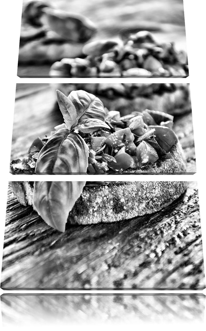 Pixxprint Monocrome, Köstliche Tomaten Bruchetta 3-Teiler Leinwandbild 120x80 Bild auf Leinwand