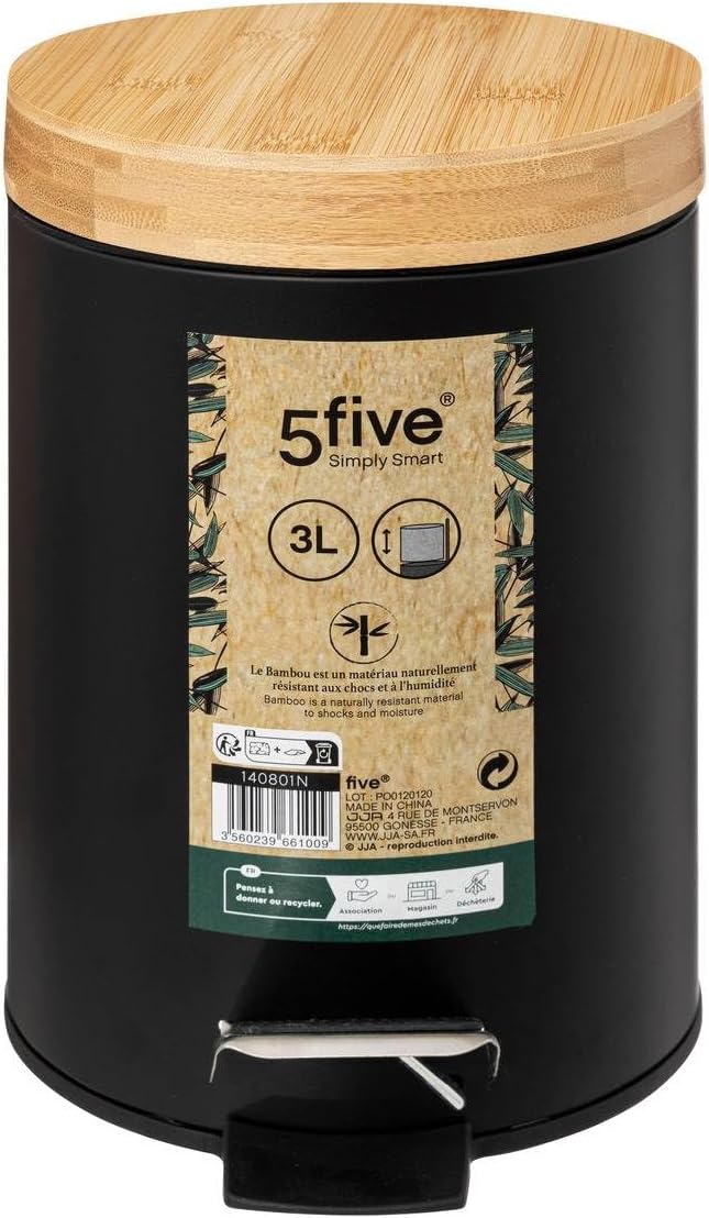 5five - mülleimer mit bambusdeckel 3l naturéo schwarz, Schwarz