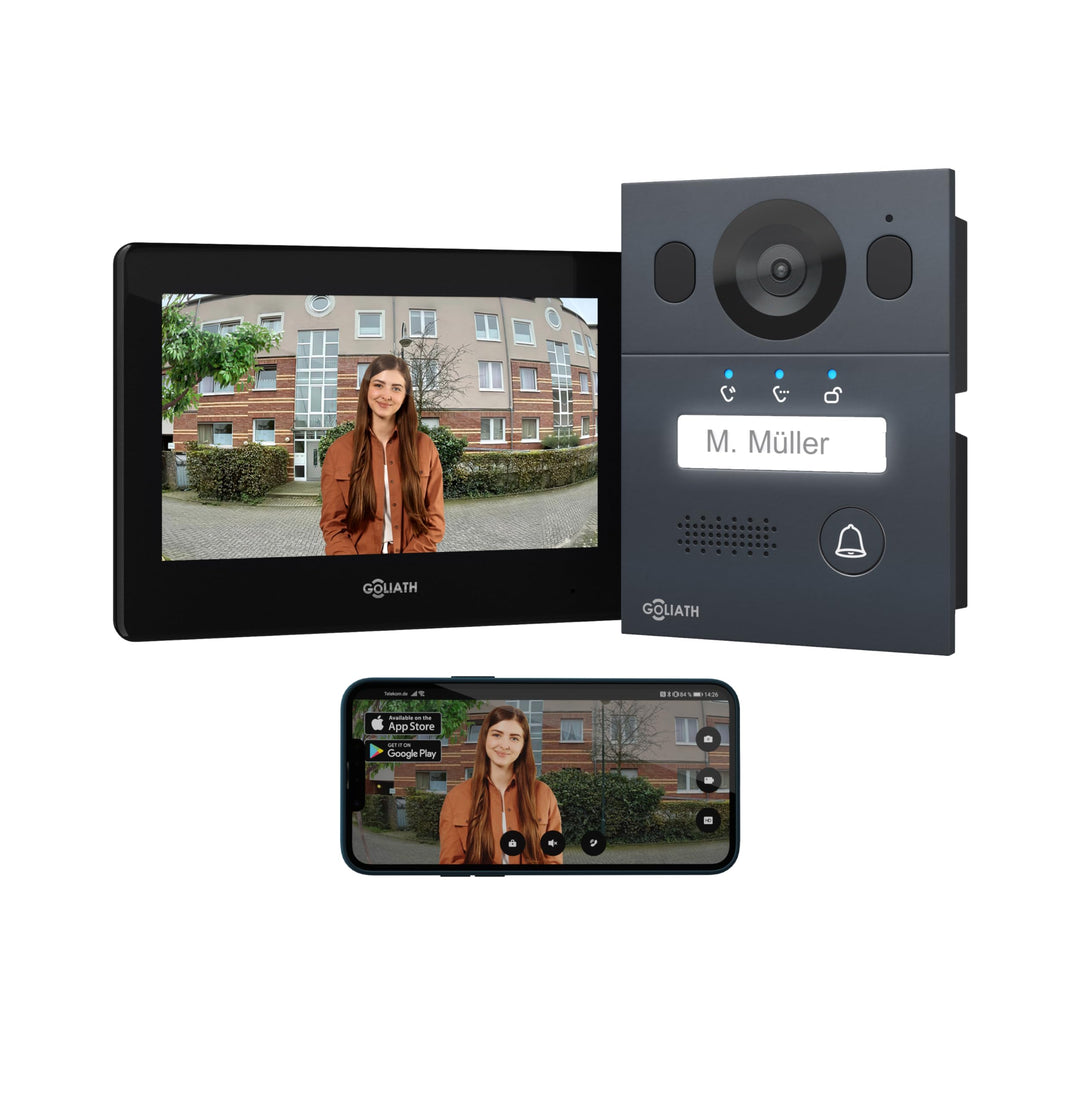 GOLIATH Basic Video Türsprechanlage, 2 Draht Bus, 7" Monitor, Unterputz Türklingel mit Kamera, Gegen