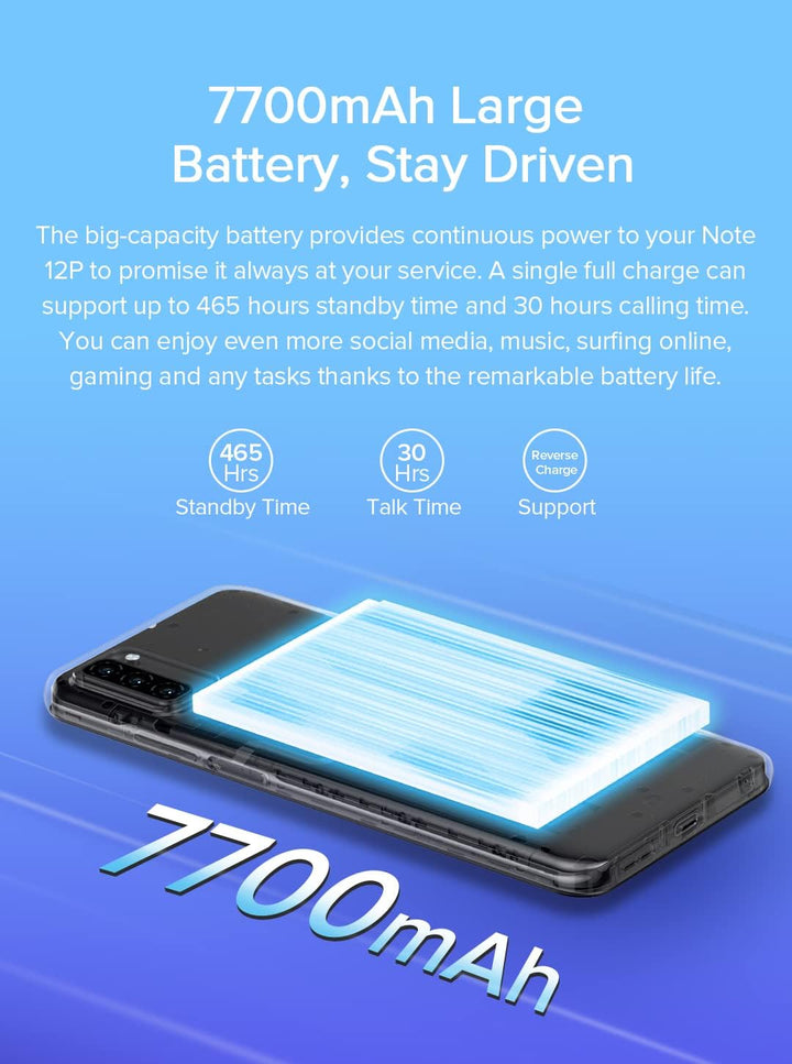 Ulefone Note 12P Smartphone ohne Vertrag, 7700mAh Massiver Akku DUAL-SIM-4G Handy, 6,82'' HD+, 4GB +