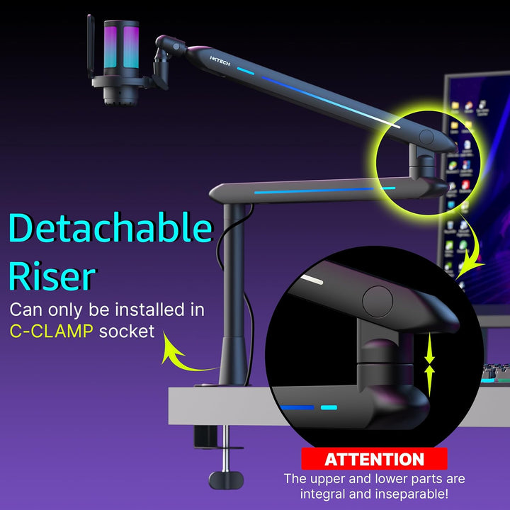 IXTECH RGB Low Profile Galgenarm für Mikrofon, verstellbarer Mikrofonarmständer mit Tischhalterungsk