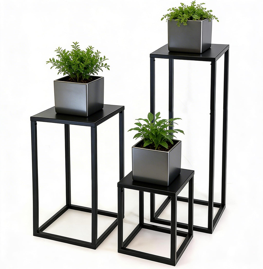 3er Set Pflanzenständer Blumenständer Metall schwarz, Blumensäule Dekoständer Regal Beistelltisch 3