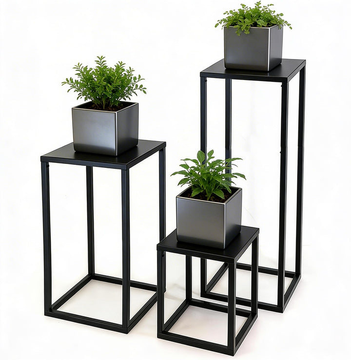 3er Set Pflanzenständer Blumenständer Metall schwarz, Blumensäule Dekoständer Regal Beistelltisch 3