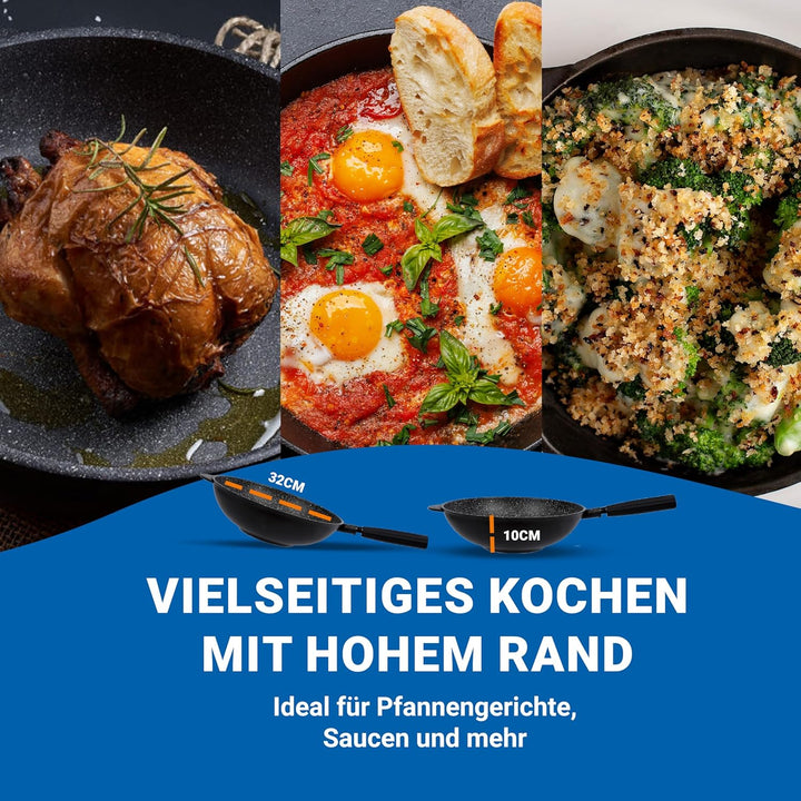 PENTOLPRESS Granit Wokpfanne mit Deckel (32 cm) – Wokpfanne für Induktion – Super kratzfeste Wokpfan