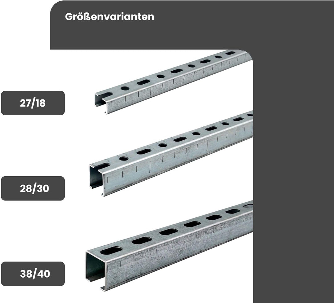 Dalsys Montageschiene 38/40, Schienenkonsole Silber 200cm, 50 Stück, Lochschiene, C-Profilschiene, U