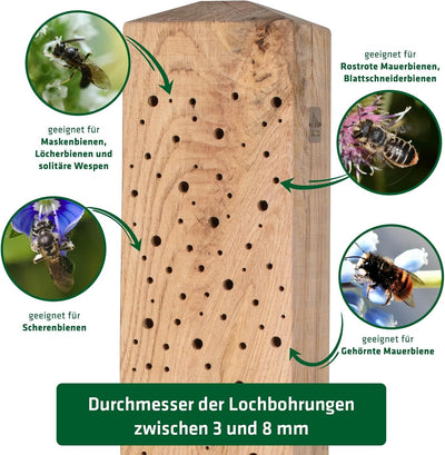 GARDIGO® Insektenhotel für Wildbienen | Unikat Bienenhotel Stamm ca 70 cm aus massivem Eichenholz |