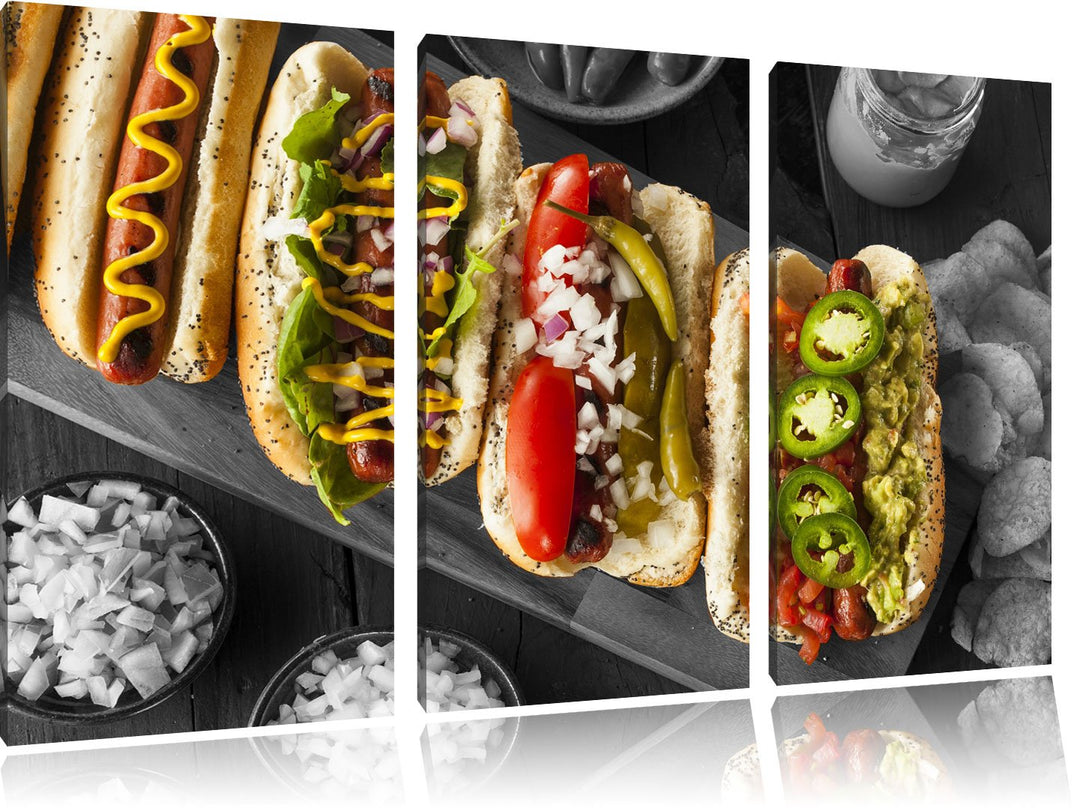 Delikate Hotdogs schwarz/weiss 3-Teiler Leinwandbild 120x80 Bild auf Leinwand, XXL riesige Bilder fe