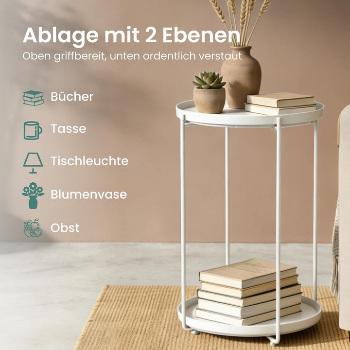 Mai &amp; Mai Beistelltisch rund Ø37×H51 cm, Couchtisch klein Weiss | Balkontisch mit abnehmbarem Tablet