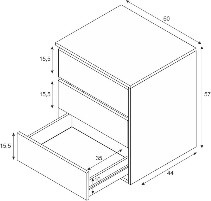Dmora Kommode mit drei Schubladen, weisse Farbe, Masse 60 x 57 x 44 cm