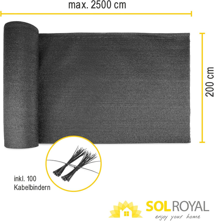 Sol Royal Schattennetz 25m x 2m Schattiergewebe 165g/m² – Blickdichter Sonnenschutz mit UV-Schutz &
