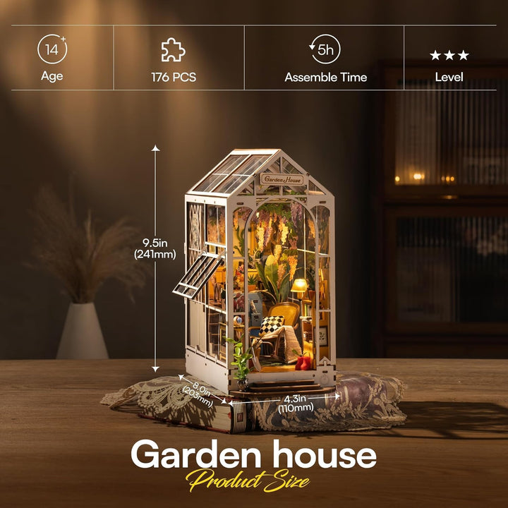 ROBOTIME DIY Book Nook Kit Gartenhaus mit Möbeln und LED Lampe, 3D Puzzle Booknook Miniatur Haus Mod