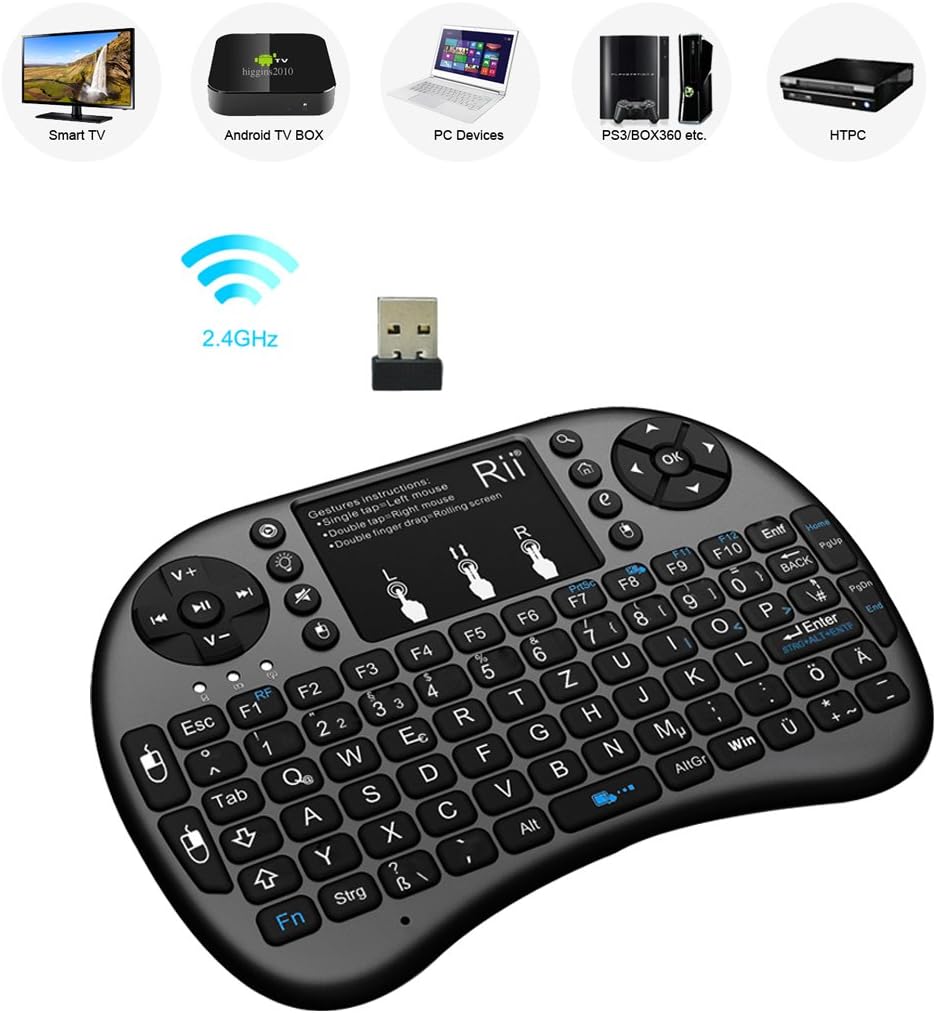 Rii Mini i8+ Wireless (QWERTZ) - Mini Beleuchtete Tastatur mit Multi-Touch Maus-Pad für Smart TV, Mi