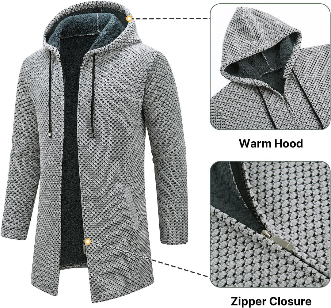 KUDORO Strickjacke Herren Cardigan Lang Trachtenjacke Kapuze mit Kapuze Gestrickt Pullover Hoodie Wi