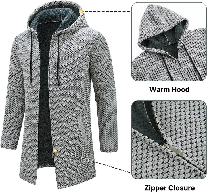 KUDORO Strickjacke Herren Cardigan Lang Trachtenjacke Kapuze mit Kapuze Gestrickt Pullover Hoodie Wi