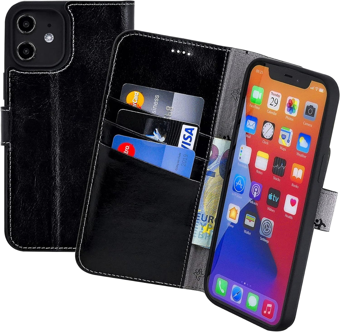 Suncase Book-Style Hülle kompatibel mit iPhone 12 Mini (5.4") Leder Tasche (Slim-Fit) Lederhülle Han