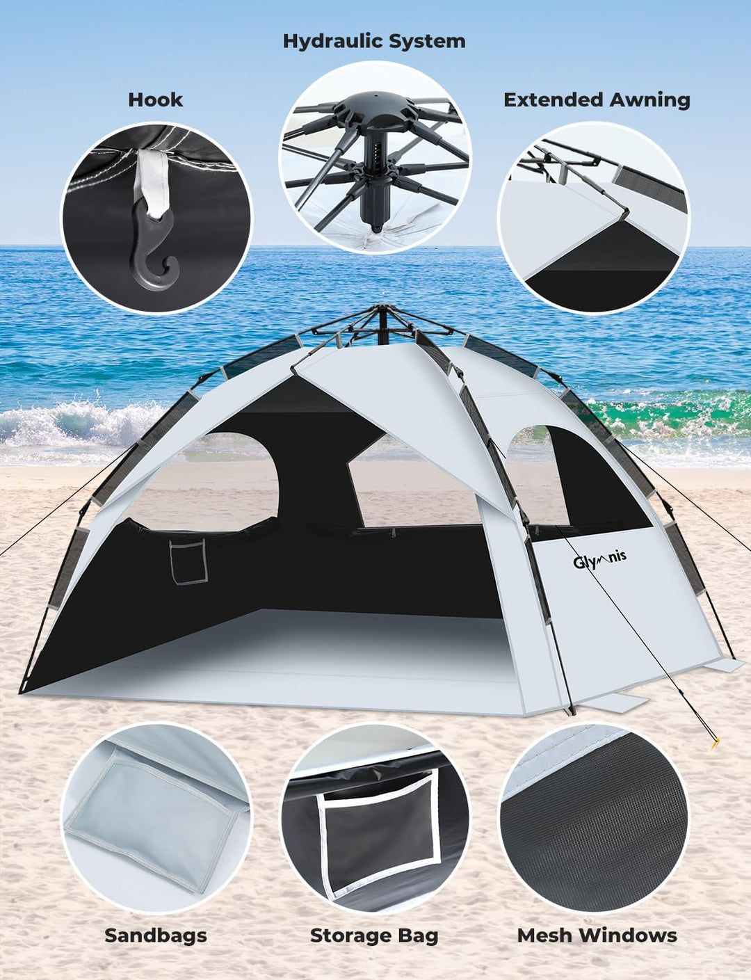 Glymnis Strandmuschel Quick Up Strandzelt Automatisches Strand Zelt UV-Schutz 50+ Windschutz kleines
