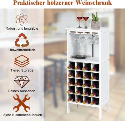 COSTWAY Weinschrank für 20 Flaschen, Weinregal Holz, Flaschenregal mit Glasaufhänger, Weinständer, G