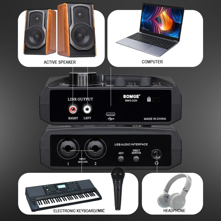 BOMGE Mini-2-Kanal-USB-Audio-Schnittstelle für Aufnahmen, Streaming und Podcasting, mit XLR/48 V Pha