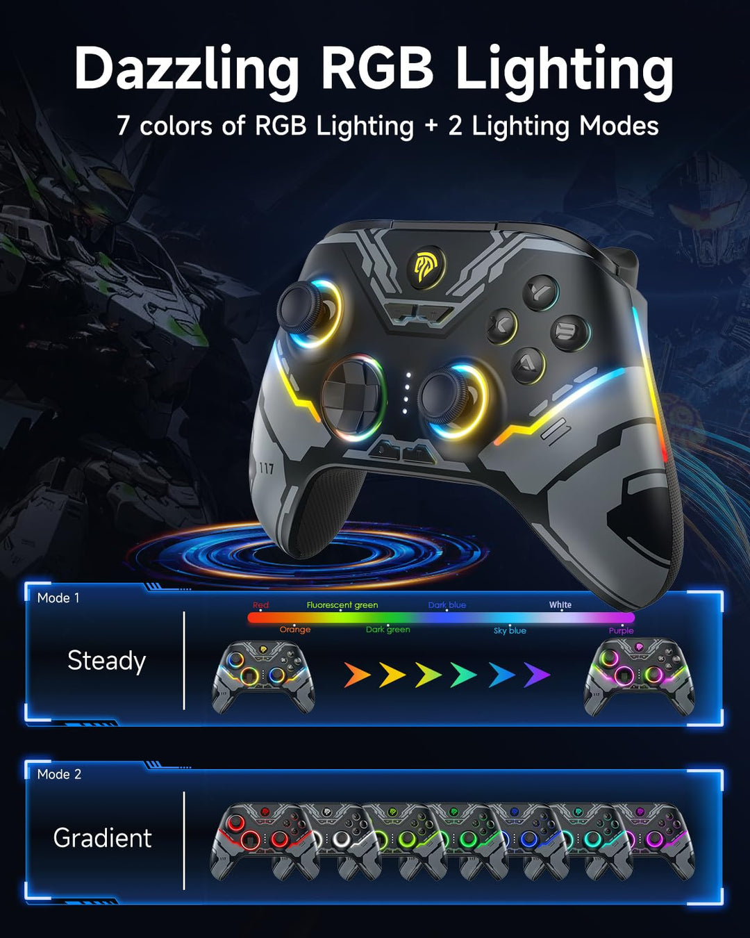 EasySMX X15 Controller PC, PC Controller Wireless mit 7 RGB Licht, Gaming Controller PC mit Hall Joy