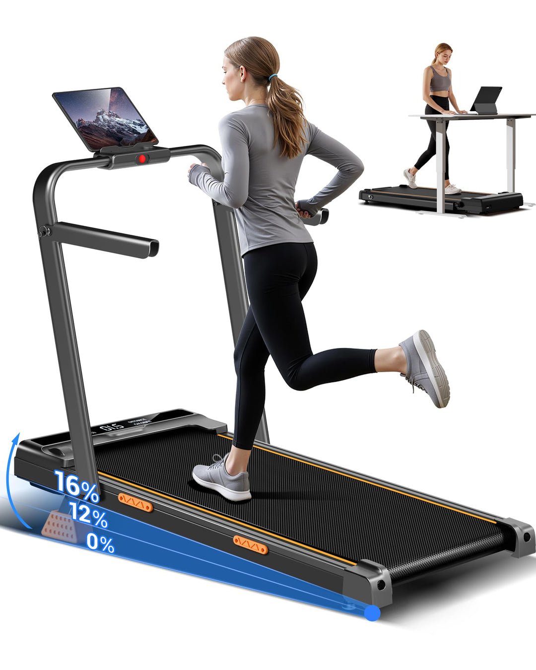 UMAY Laufband für Zuhause Klappbar mit Steigung 16%, 10KM/H Walking Pad Klappbar mit Steigung, Fernb