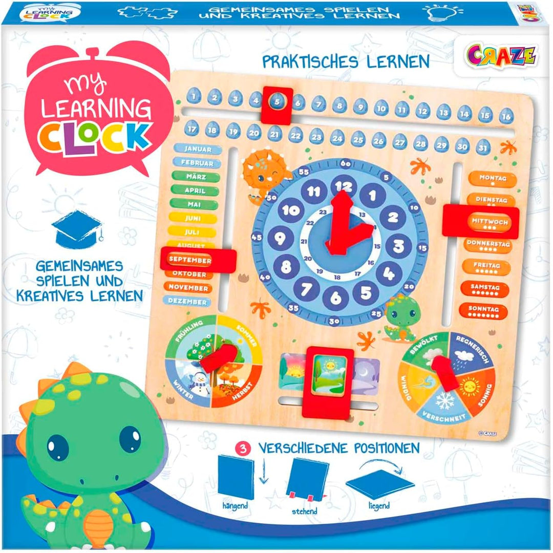 CRAZE My Learning Clock Dino - Lernuhr für Kinder aus Holz, Kalenderuhr zum Lernen für Kinder, Lernt