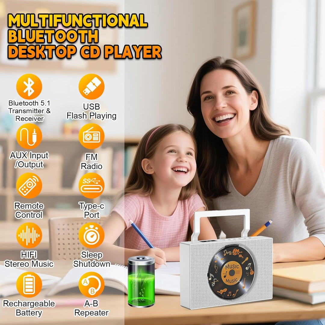 Gueray Tragbarer CD-Player mit Radio: Bluetooth CD Player mit Griff, CD-Spieler Lautsprechern, Displ