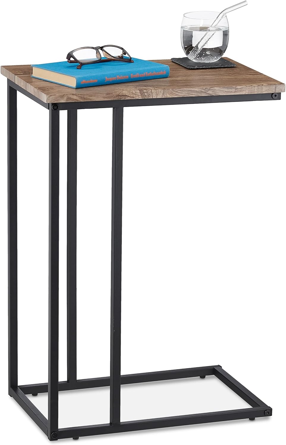 Relaxdays Beistelltisch, Industrial Design, C-form, Ablagetisch, Metall & Holzoptik, HBT: 65,5x46x30