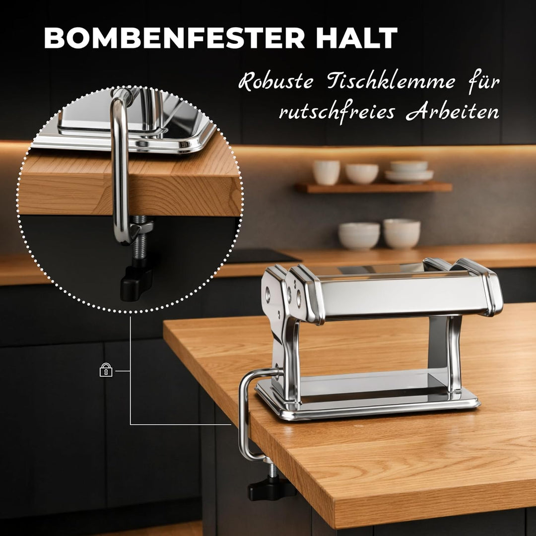 Allyson® Nudelmaschine Manuell Edelstahl – Pastamaschine mit 9 Einstellbaren Stärken &amp; Tischklemme –