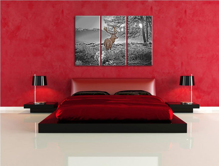 stolzer Hirsch im Wald3-Teiler Leinwandbild 120x80 Bild auf Leinwand, XXL riesige Bilder fertig gera