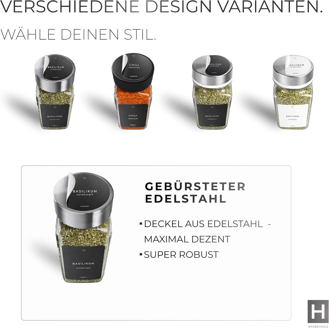 HAVENHAUS Gewürzgläser Set | hochwertiges Komplettset aus 24x Gewürz Gläser [120ml] inkl. 336 deutsc