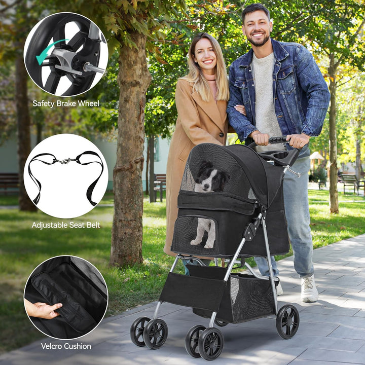 YITAHOME Hundewagen Haustiere Buggy bis 15kg, Hundebuggy mit Netzfenstern & Getränkehalter & Ablagek