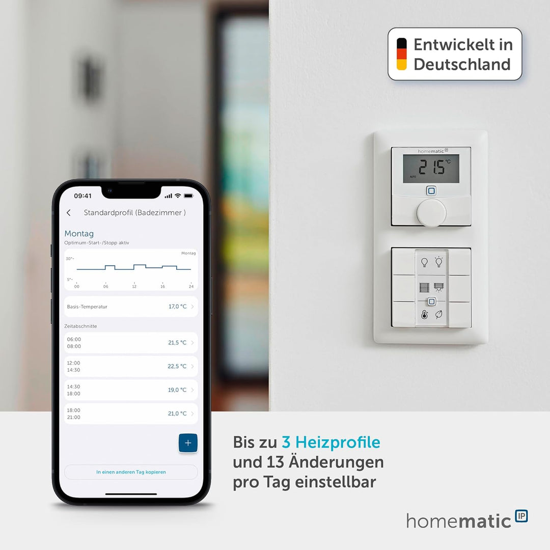 Homematic IP Smart Home Wandthermostat mit Luftfeuchtigkeitssensor, digitales Thermostat Heizkörper/