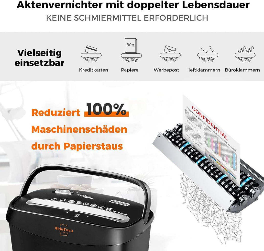 Aktenvernichter, VidaTeco 8 Blatt Kreuzschnitt Papierschredder für Kreditkarten/Heftklammer für Zuha