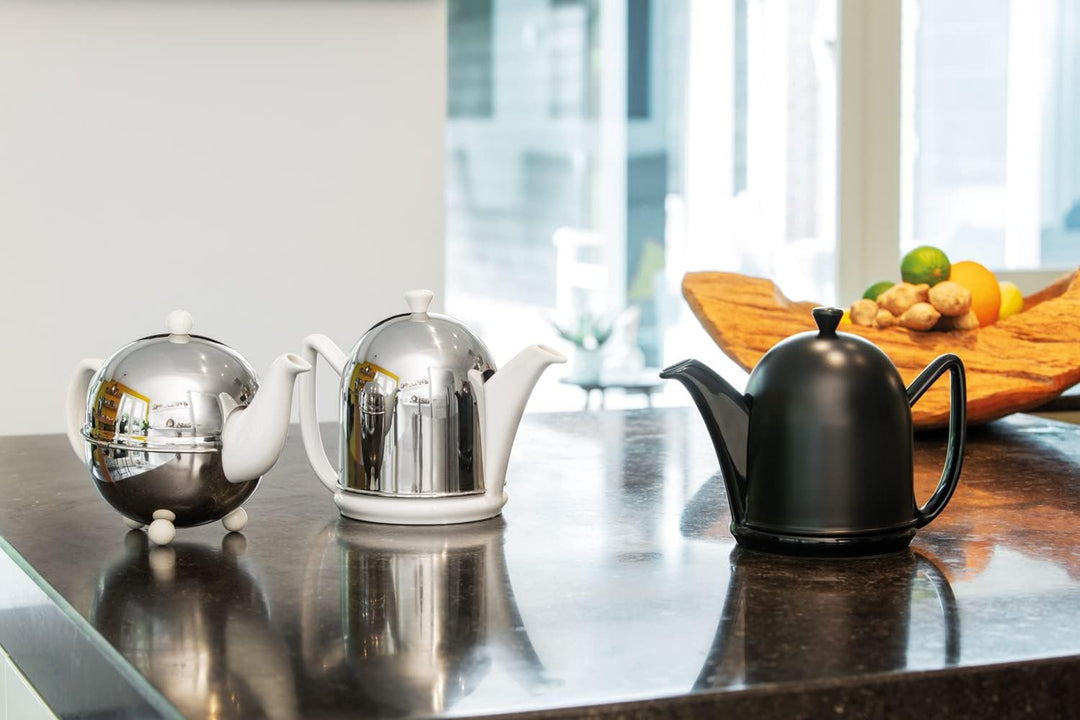 Bredemeijer kleine weisse glänzende Keramik Teekanne 1.0 Liter mit Edelstahlhaube