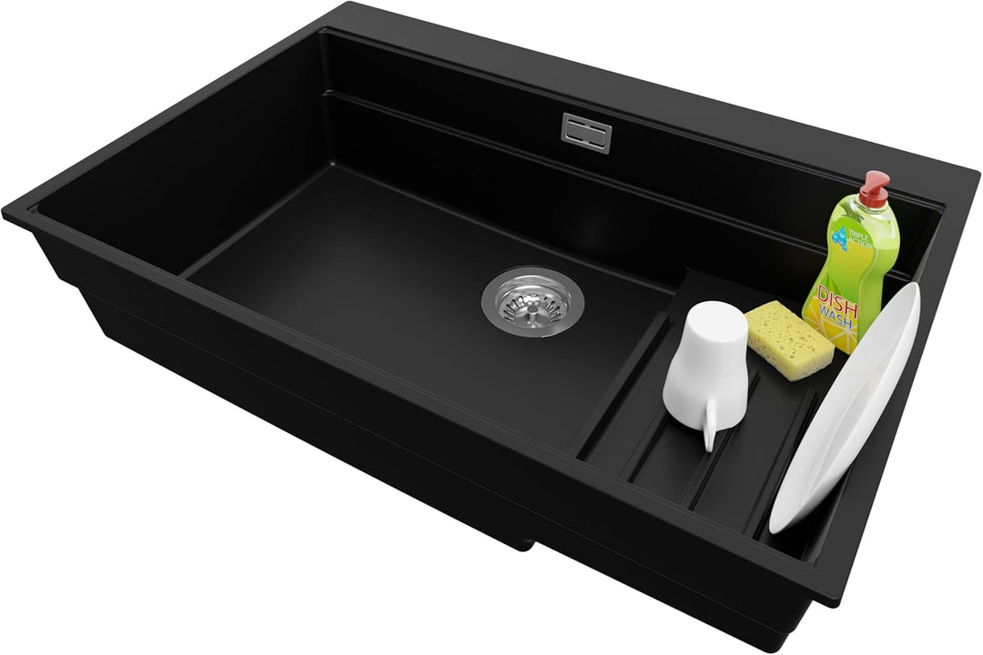 PRIMAGRAN Spülbecken Schwarz 78x53cm, Granitspüle 1 Becken + Ablauf-Set, Küchenspüle ab 80er Untersc
