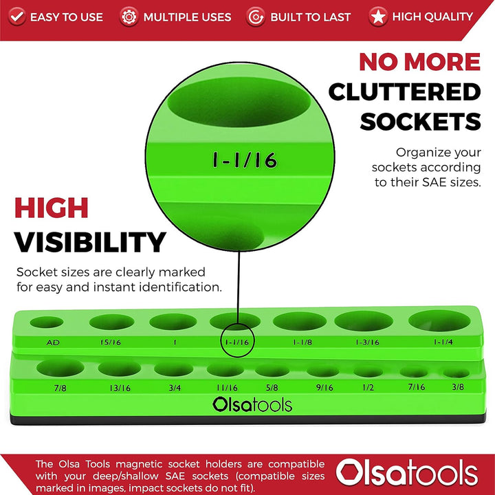 Olsa Tools Magnetischer Steckschlüssel-Organizer | 1,27 cm (1/2 Zoll) Antrieb | SAE | Grün | Für 16