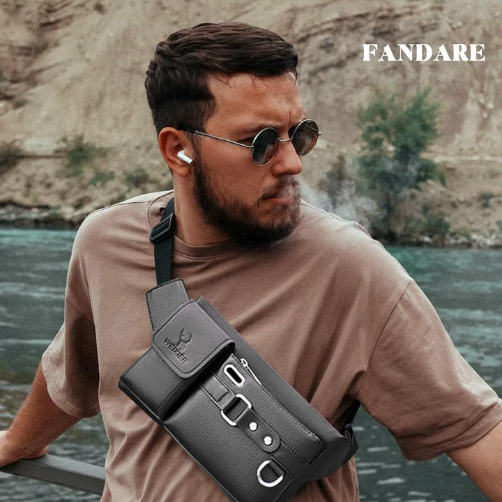 FANDARE Sling Bag Leder Brusttasche Umhängetasche Schultertasche Herren Bauchtasche Tasche Rucksack