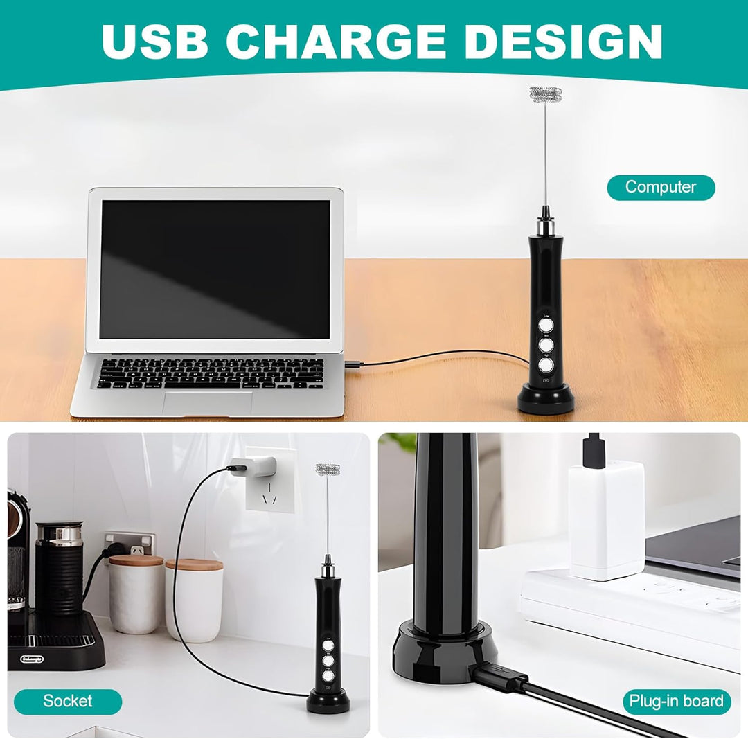 Elektrische Milchaufschäumer, Handheld Milchschäumer Stab, 3-Gang USB Wiederaufladbarer Aufschäumer