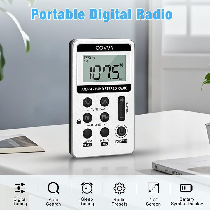 AM/FM Tragbares Radio,Covvy Digitales Pocket Mini Radio mit 500mAh 3.7V Wiederaufladbarer Akku und K