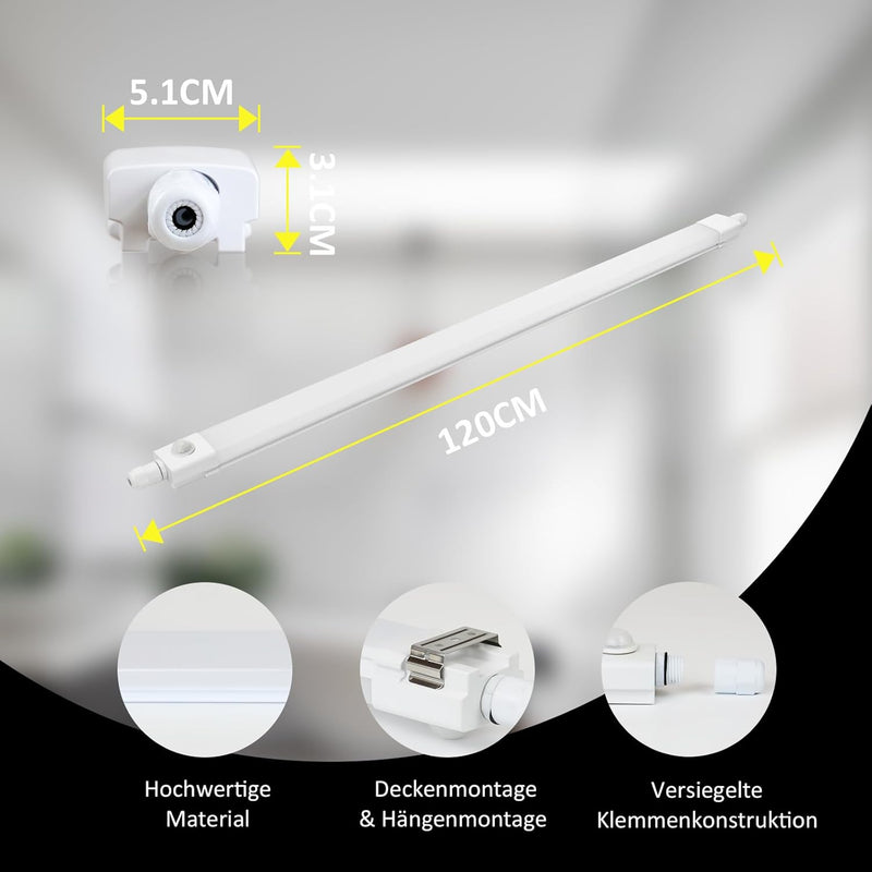 CBJKTX LED Feuchtraumleuchte 120CM mit Bewegungsmelder Deckenlampe - 36W Werkstattlampe IP65 Wasserf