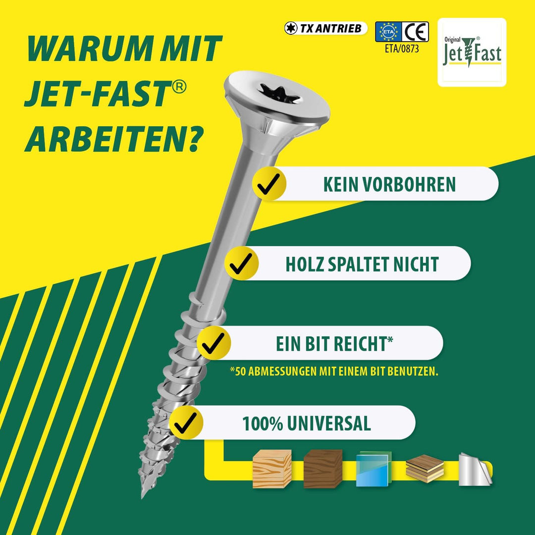 Jet-Fast Premium Universalschrauben 6,0 x 150 mm, 100 Stück, Duo-Senkkopf, Teilgeweinde TX Antrieb,