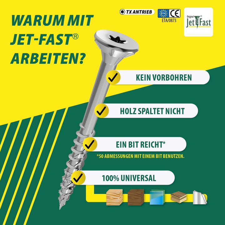 Jet-Fast Premium Universalschrauben 6,0 x 150 mm, 100 Stück, Duo-Senkkopf, Teilgeweinde TX Antrieb,