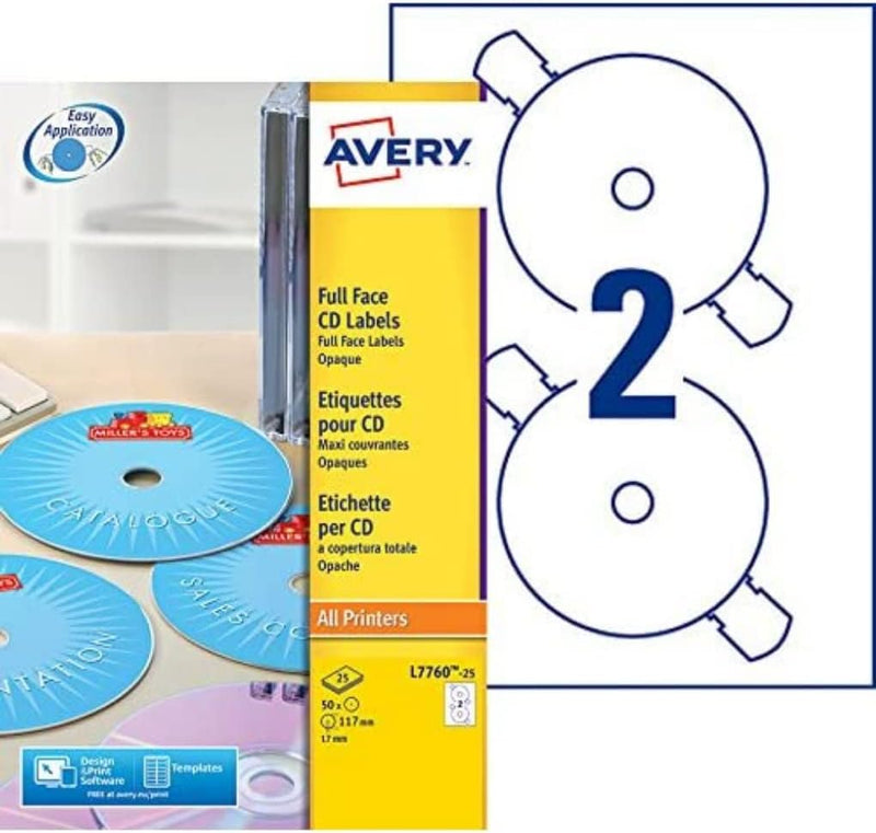 CD -Etikett Avery 117mm Fullizarce White 25 Vel 2 Etiketten pro Blatt